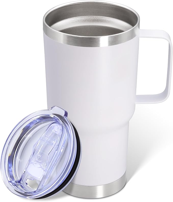 20 oz Tumbler with Handle and Lid, Stainless Steel Tumbler Insulated Travel Coffee Mug, Spill Proof Double Wall Vacuum Tumbler Cup Keep Drink Hot & Cold,White, 1 Pack