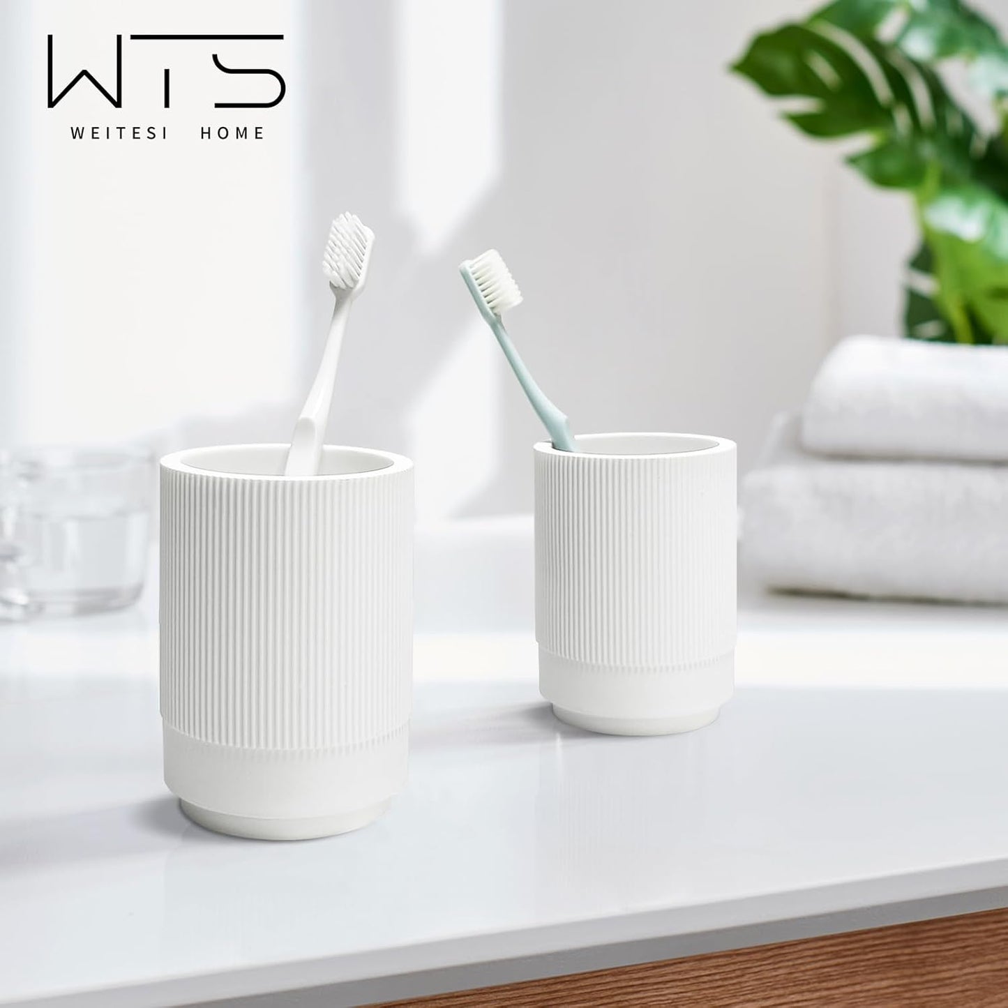 Resin Bathroom Accessories Set, 4 Pcs Modern Bathroom Accessory Set with Liquid Plastic Pump Lotion Soap Dispenser,2 Toothbrush Cup, Soap Dish Countertop Vanity Organizer(White)