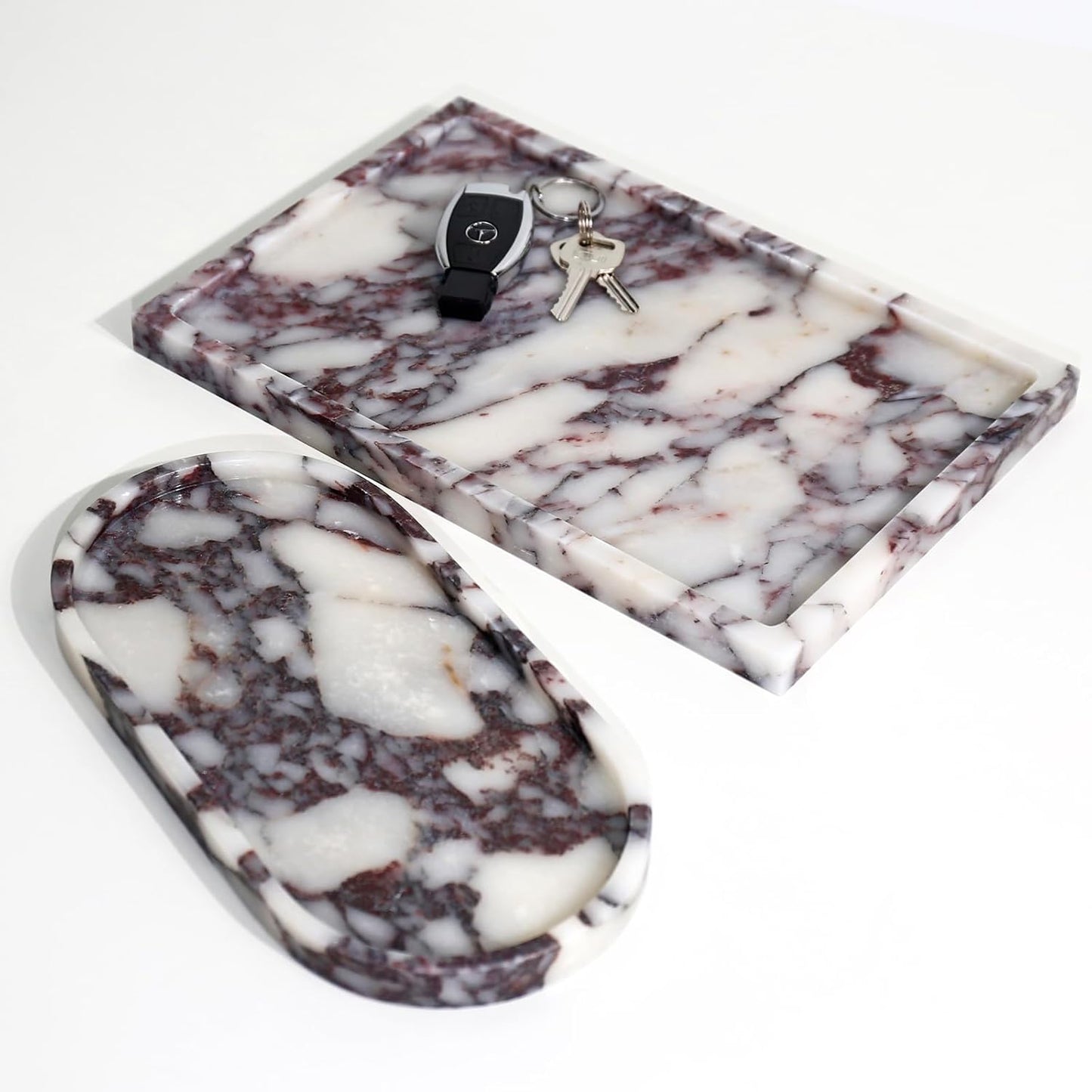 Real Luxurious Natural Marble Vanity Tray Genuine Marble Storage Tray for Home Decor Stone Tray for Bathroom/Kitchen/Vanity/Dresser Non-Resin/Non-Ceramic/Viola Oval Set