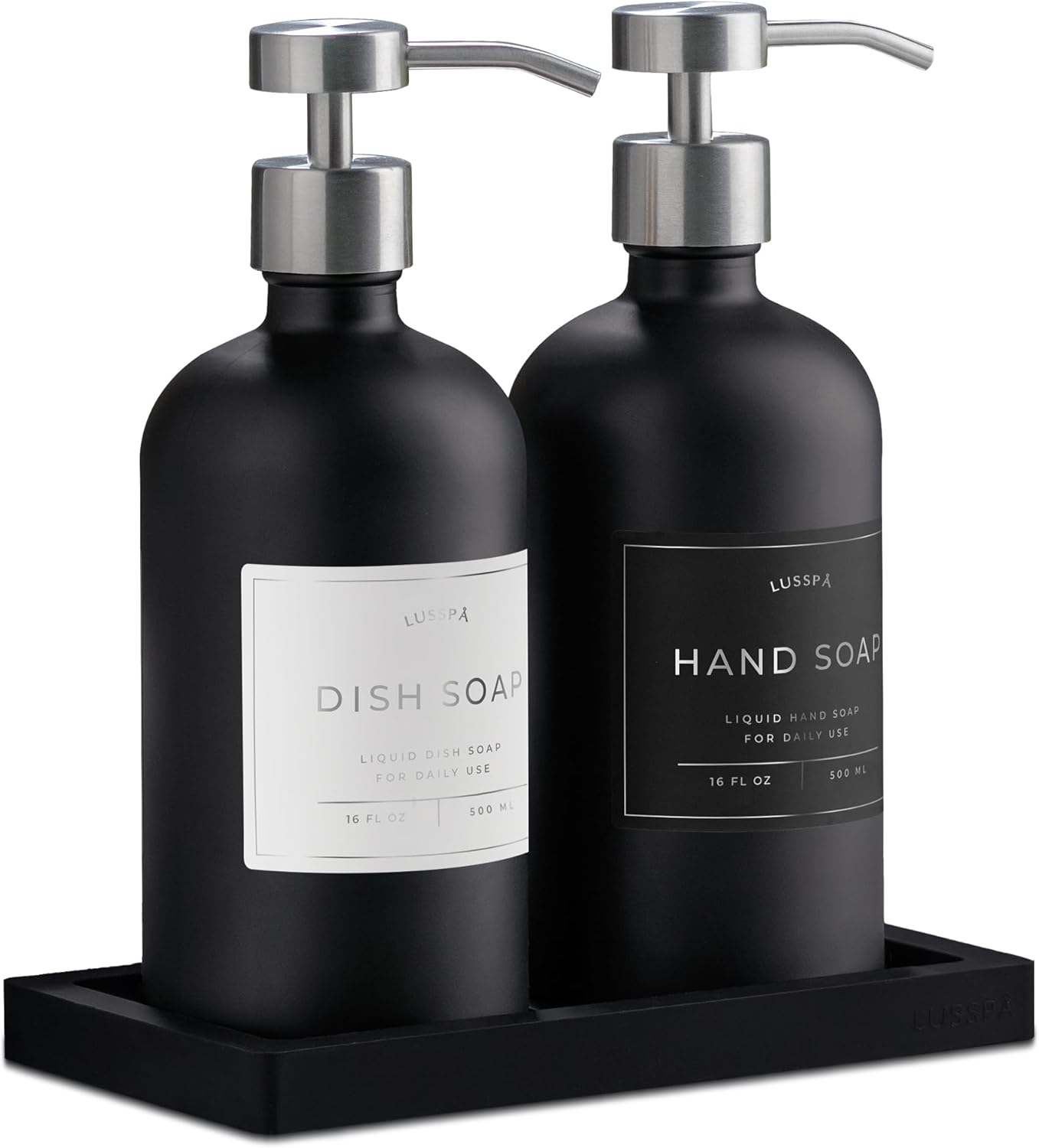 Lotion, Hand & Dish Soap Dispenser for Kitchen Sink - Bathroom Soap Dispenser Set of 2 16.8 Oz Glass Bottles with Stainless Steel Pump, 15 Water Proof Labels & Silicon Tray (Black/Silver)