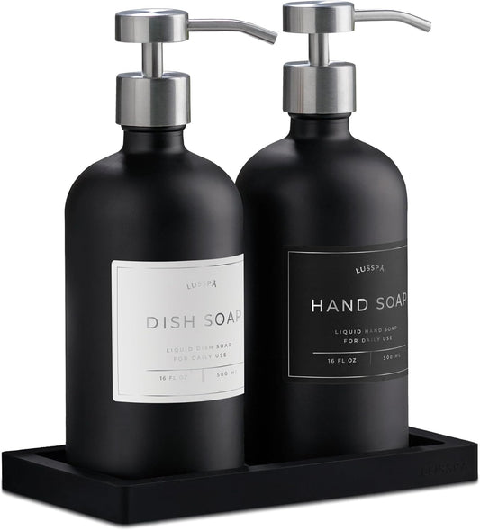 Lotion, Hand & Dish Soap Dispenser for Kitchen Sink - Bathroom Soap Dispenser Set of 2 16.8 Oz Glass Bottles with Stainless Steel Pump, 15 Water Proof Labels & Silicon Tray (Black/Silver)