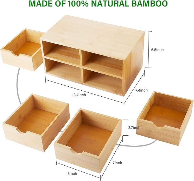 Bamboo Desk Organizer With Drawers Countertop Drawers 4 Drawers Counter Storage Box Corner Desk Organizer for Home Office No Assembly Required