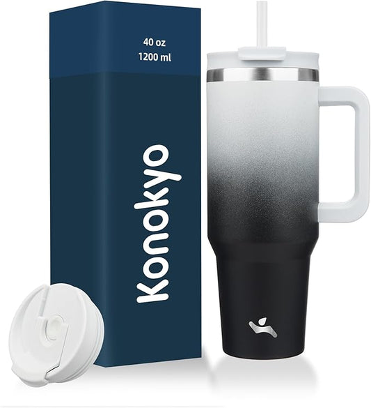 40 oz Tumbler with Handle and 2 Straws,2 in 1 Lid Insulated Water Bottle Stainless Steel Travel Coffee Mug,Day Night