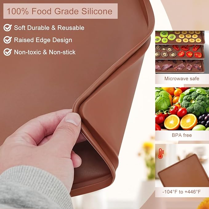 SFV 6 Pack Silicone Dehydrator Trays, 14" x 14" Flexible & Durable Dehydrator Sheets for Excalibur, Non-Stick, Reusable Dehydrators Mats Tray Dryer for Eggs, Fruit Leather, Meat, Herbs, Brown