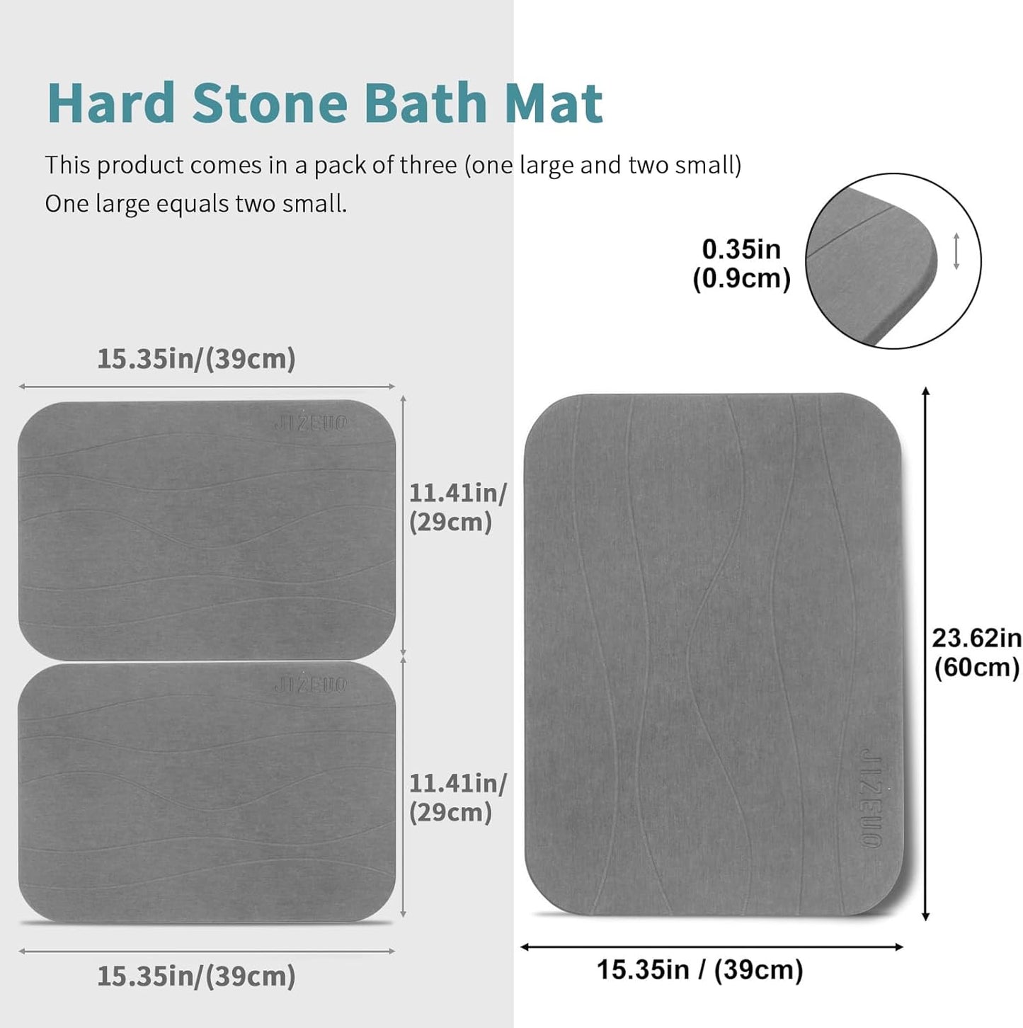 Stone Bath Mat, Set of 3,Diatomaceous Earth Shower Mat, Non-Slip Super Absorbent Quick Drying Bath Mat for Bathroom Floor, Grey