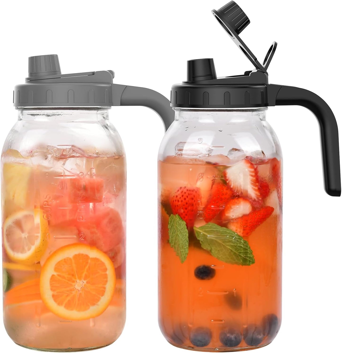 2-Pack 64oz Glass Mason Jar Pitchers with Wide Mouth & Measurement Marks – Leak-Proof Twist Lids for Cold Brew, Iced Tea, Juice, Lemonade