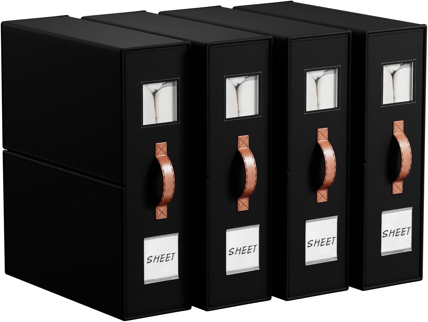 4 Pack Bed Sheet Storage Organizers- Premium Fabric Closet Organizer with Clear View Window, Space-Saving Foldable Design for Queen/King Size Bedsheets, Blankets & Duvet Covers