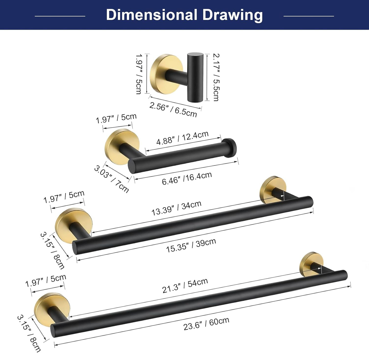 5 Pieces Black Gold Bathroom Hardware Set, 23.6 Inches Bathroom Towel Rack Set Bath Towel Bar Set, SUS304 Stainless Steel Bathroom Accessories Kit Wall Mounted