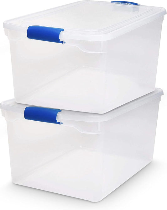 HOMZ 2-Pack Latching Lid, Large Clear Plastic Storage Bins with Lids, 66 Quart, Blue Latch - Stackable Container Boxes for Home, Bathroom, and Office Organization