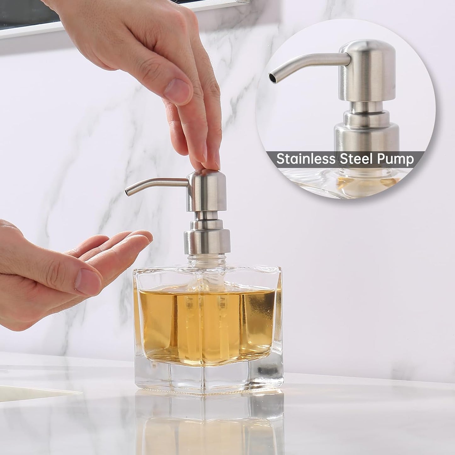 Square Bathroom Soap Dispenser Brushed Nickel, Glass Bottles with Stainless Steel Pump Cube Liquid Soap Dispenser Hand Kitchen