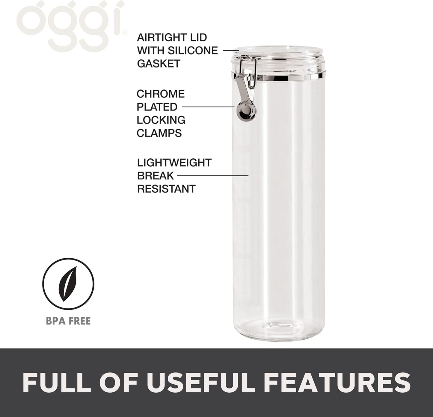 Oggi Tall Clear Canister with Clamp Lid, 58 oz - Large Airtight Food Storage Container, Ideal for Kitchen & Pantry Storage of Bulk, Dry Foods Including Pasta & Spaghetti