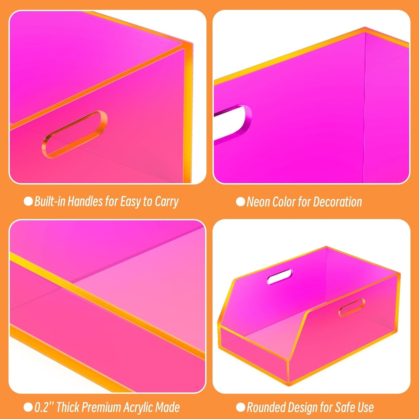 Gelite Stackable Large Storage Bin Organizer with Handles Acrylic Storage Container for Toy Pantry Kitchen Cabinet Bathroom Closet Office Organization, 15.4x11.4x6.7'', Neon Pink