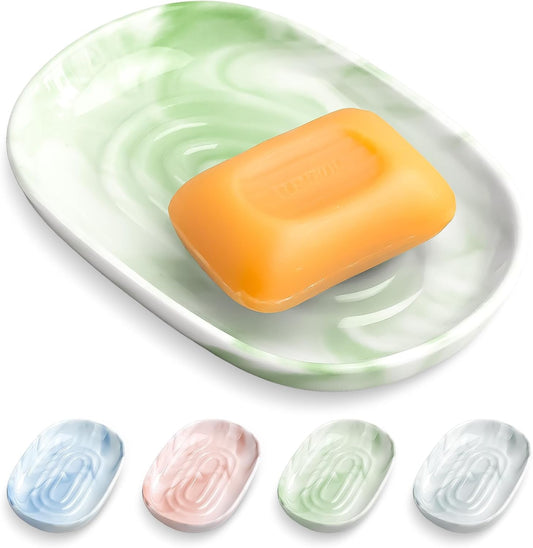 OTHIX Ceramic Soap Dish with Unique Marble Texture, Decorative Bar Soap Holder for Bathroom and Kitchen, Cute Soap Dishes for Bar Soap, Jewelry, Ring (Green Texture)