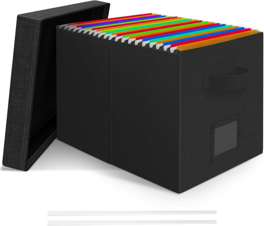 File Organizer Box with Lid, Linen Hanging File Storage Box with Handle, Collapsible Document Filling Box for Letter/Legal Folder, Portable File Box for Office/Decor/Home (1 Pack, Black)
