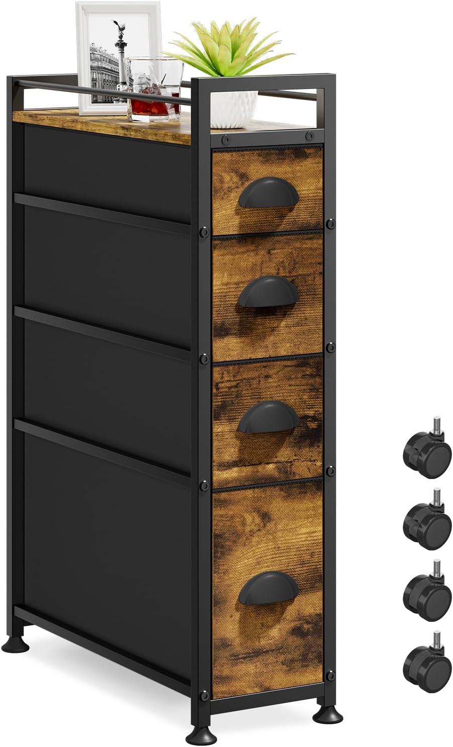 LASZOLA 4 Drawer Narrow Dresser Slim Cabinet Skinny Storage Tower Chest, Ideal for Small Spaces Bathroom Bedroom, Between Washer and Dryer, Lightweight Mobile on Wheels, Sturdy Fabric Drawers, Brown