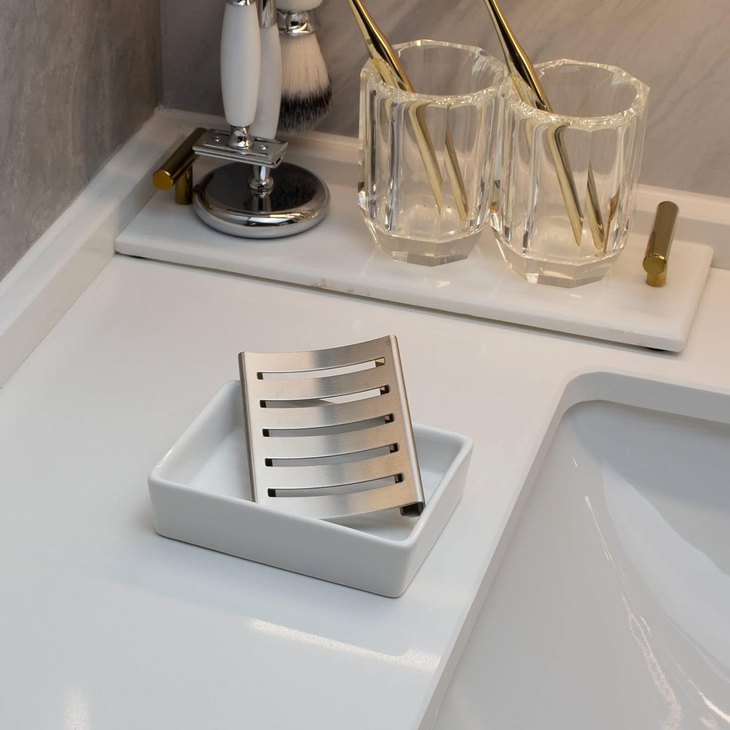 Soap Dish for Bar Soap, Bathroom Soap Holder for Shower, White Ceramic Soap Tray with Stainless Steel Draining Holder