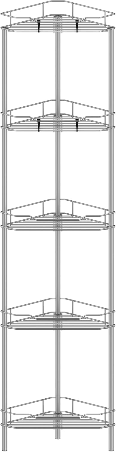 5 Tier Floor Standing Corner Shower Caddy Organizer Shelf with Hooks, Bathroom Shelves Stand Rack, Gray