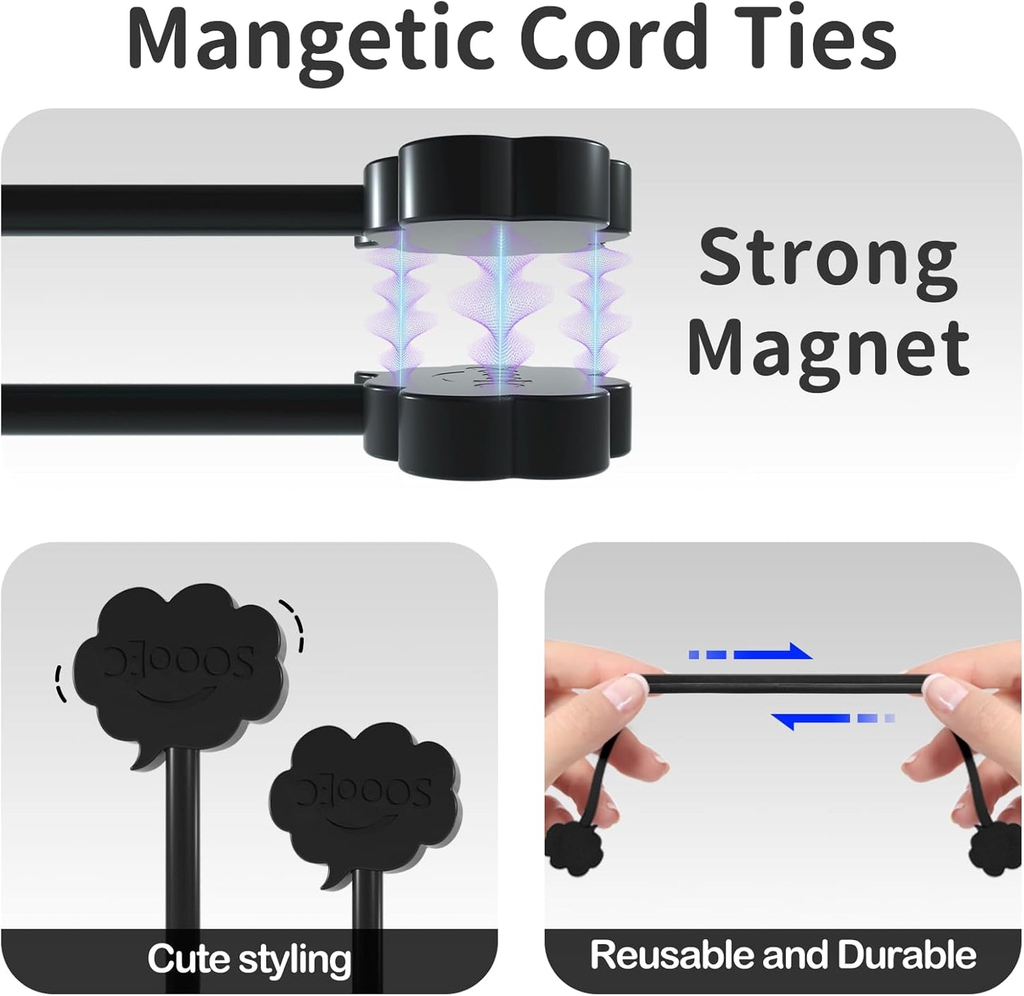 SOOOEC Black Magnetic Cable Ties, 20 Pack 7.2" Magnetic Cord Ties Cute Cloud Design, Silicone Magnetic Ties for Cord Organizer, Black Color.