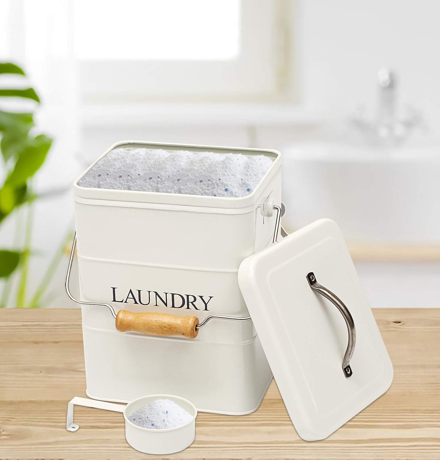 Laundry Powder Bin, Washing Powder Storage Tin with Scoop, Airtight Lid & Handles, Laundry Detergent Powder Storage Box - Perfect for Holding Pods Tablets Capsules Powder Detergent-White