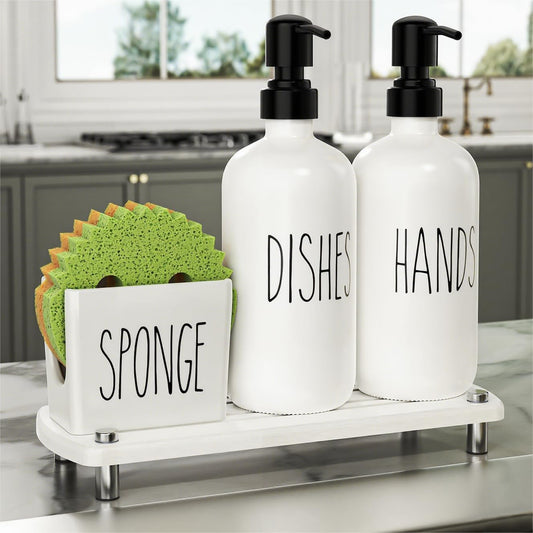 Cisily Kitchen Soap Dispenser Set Comes with Ceramics Sponge Holder, Gold Pumps, and Instant Dry Tray (White&Black, 4 Pack)