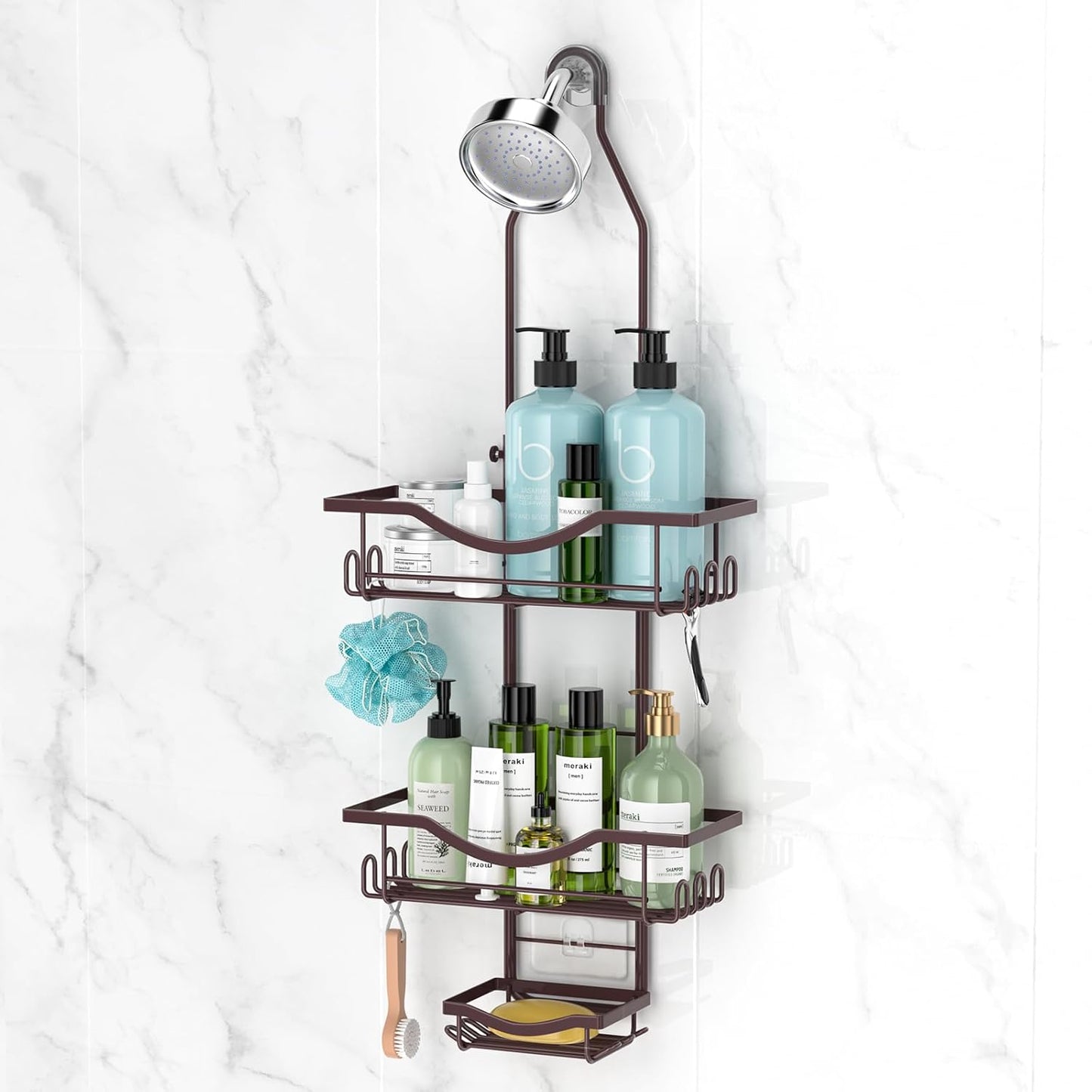 REINHARDT Shower Caddy Hanging Adjustable, Extended Length Rustproof Showers Caddy Over Showerhead with Hooks Soap Holder, Large Capacity Shower Organizer Anti-Swing Bathroom Organizer, Bronze