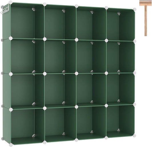 C&AHOME Cube Storage Organizer, 16-Cube Shelves Units, Plastic Storage Cubes, DIY Closet Organizer, Modular Closet Storage Shelves Ideal for Home, Bedroom, 48.4" L × 12.4" W × 48.4" H Green UPCS16GN