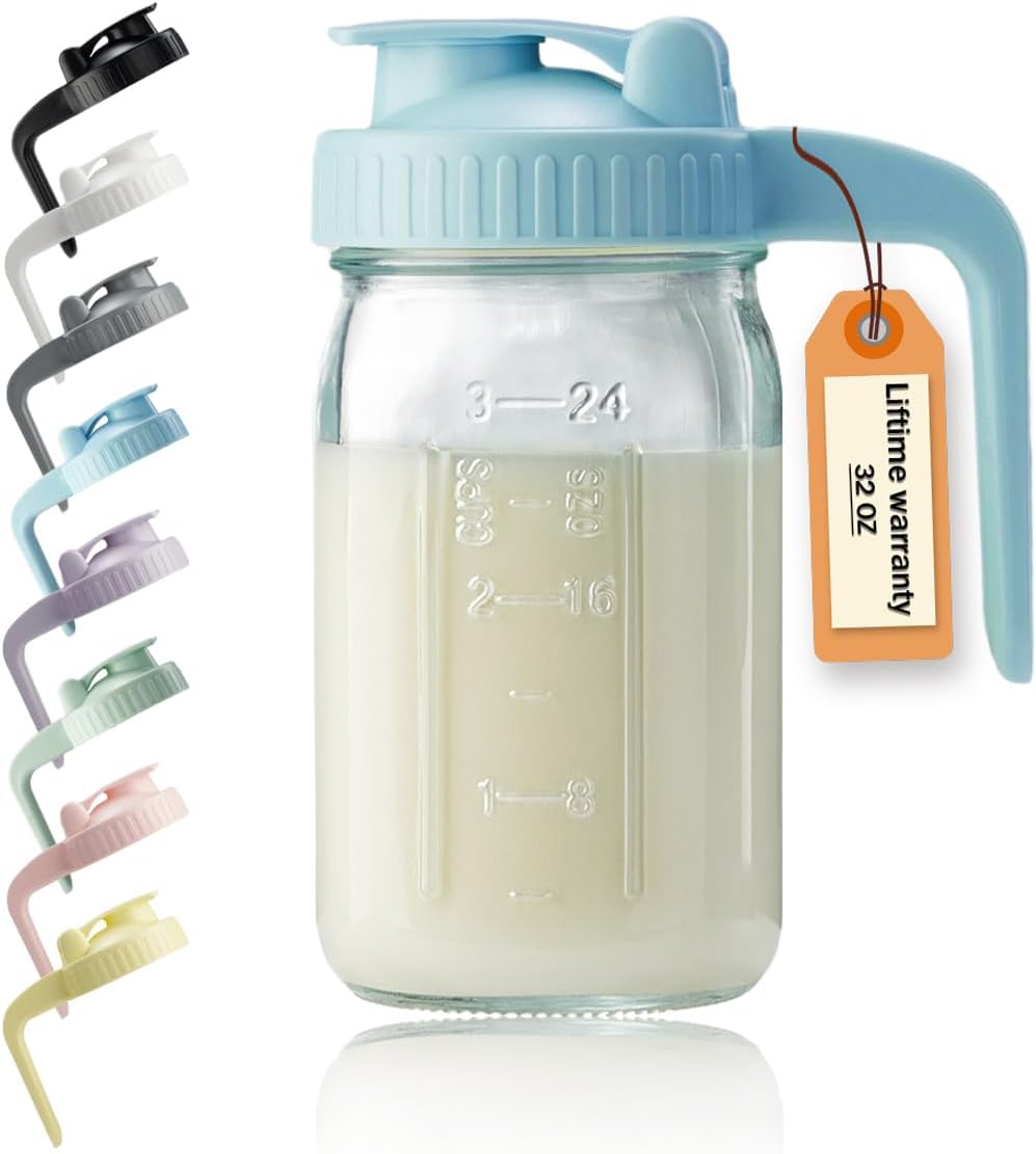 32oz Glass Pitcher with Lid & V-shaped Pour Spout - 1 Quart Breastmilk Pitcher Double Leak Proof, Creamer Container for Sun Tea, Juice, Cold Brew Coffee, Breastmilk Storage Container