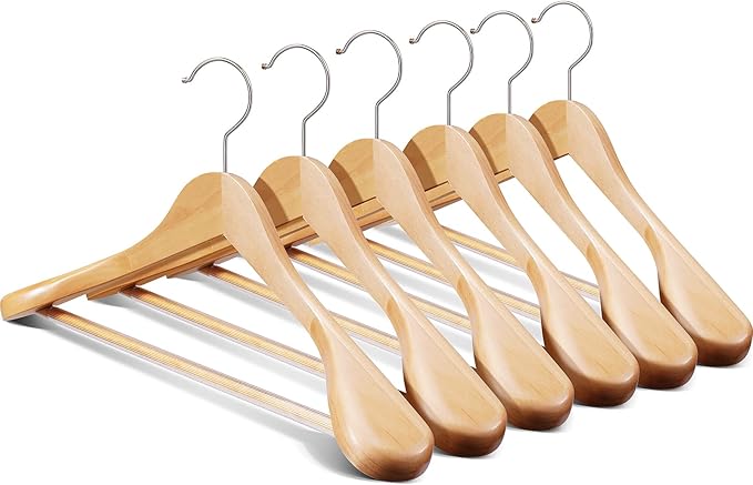 Suit Hangers 6 Pack,Wide Shoulder Wooden Hangers,Solid Wood Coat Hangers with Heavy Duty Retotating Hooks & Non Slip Pants Bar,Smooth Finish Clothes Hanger for Sweater, Pants, Jacket(Natural)
