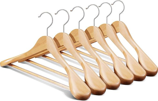 Wide Shoulder Hanger 10 Pack,Solid Wood Hanger,Heavy Duty Suit Hangers,Coat Hangers with Retotating Hooks & Non Slip Pants Bar,Smooth Clothes Hangers for Sweater, Pants, Jacket(Natural