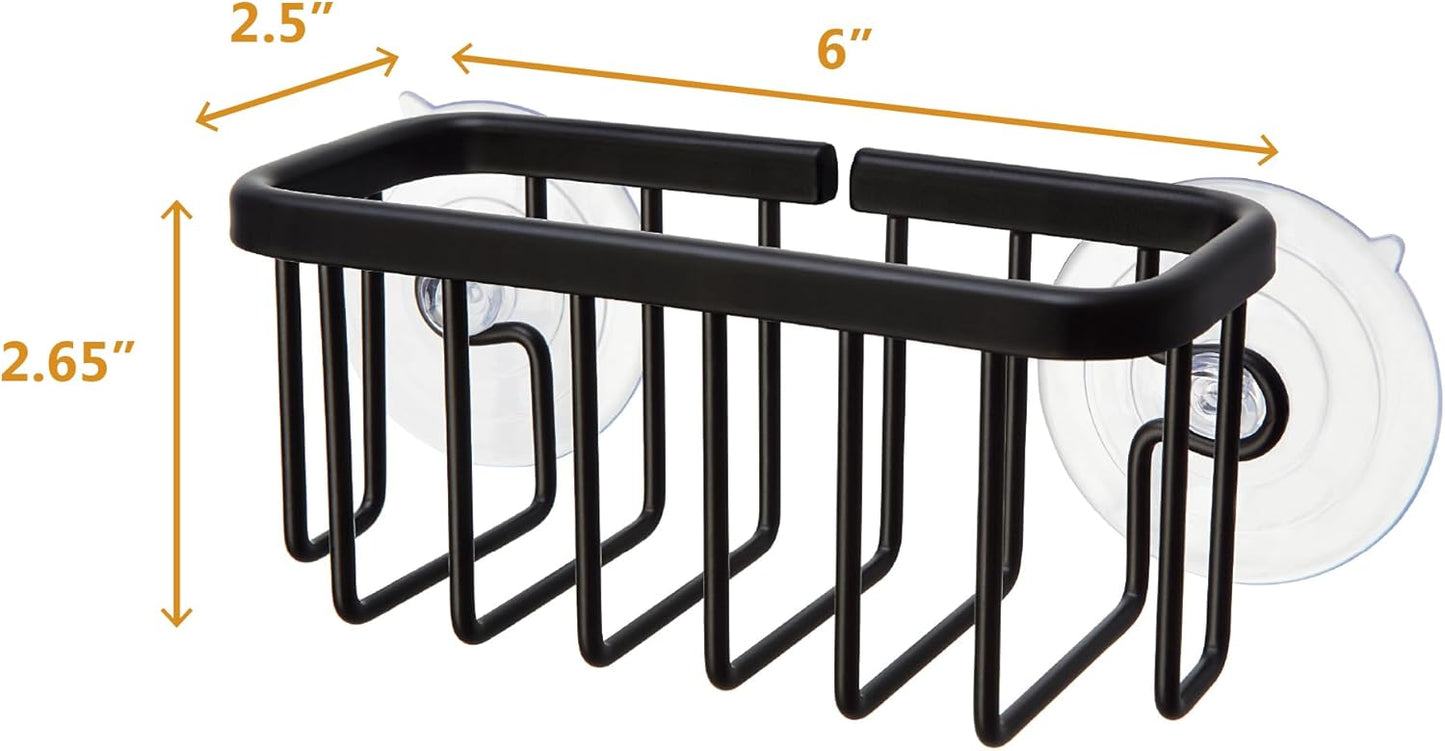 SunnyPoint NeverRust Kitchen & Bathroom Sink Caddy for Sponges, Scrubbers, Soap, 6" x 2.5" x 2.65", with Adhesive Mount - Additional Suction Cup Included –Aluminum (Black)