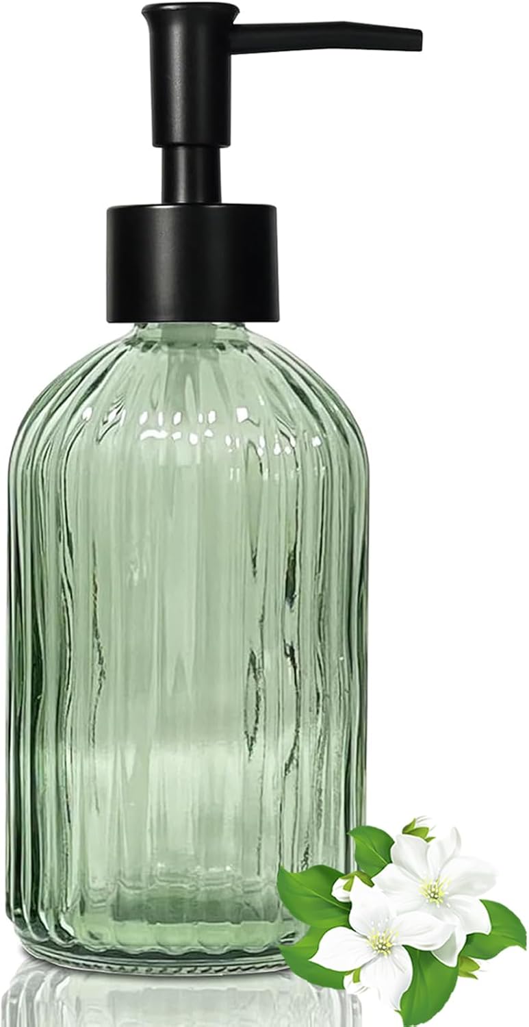 14 Oz Black Pump Glass Soap Dispenser, Green Stripe Countertop Refillable Liquid Bottle Hand Dish Lotion Dispenser with Plastic Pump, for Kitchen, Bathroom