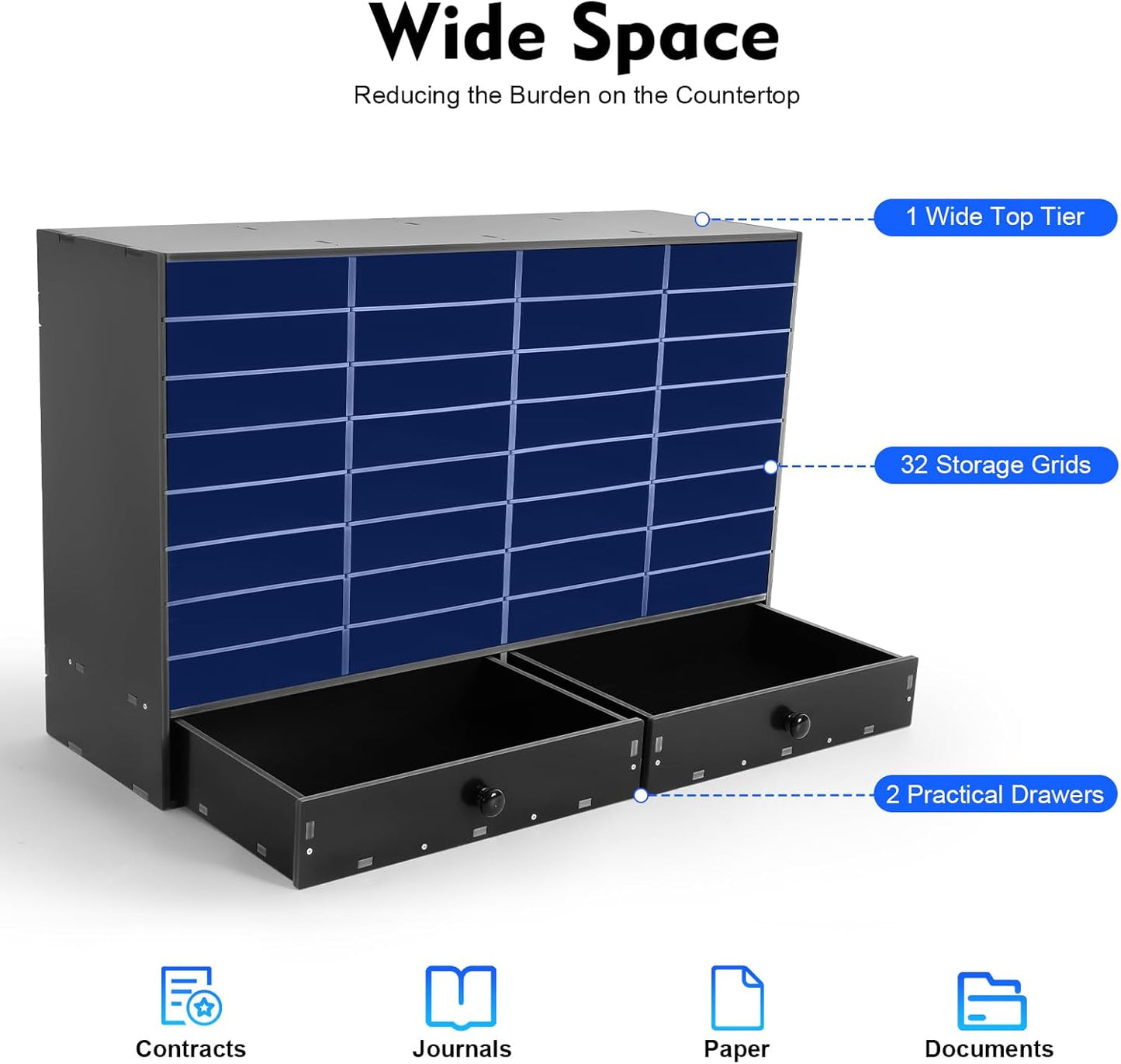 Literature Organizers, Mail Sorter Organizer Adjustable Shelves and 2 Drawers Desktop File Sorter Paper Organizer for Home School Office (Black, 32 Slots with 2 Drawers)