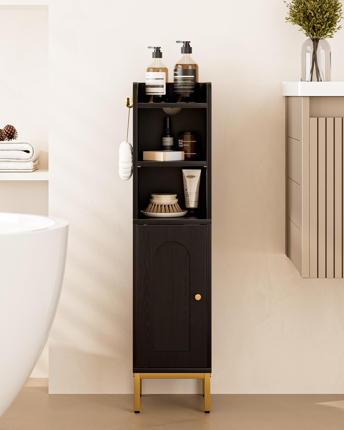 Bathroom Storage Cabinet, Small Corner Floor Hutch with 2Hooks,Narrow Toilet Paper Cabinet with Adjustable Shelf,Morden Bathroom Organizer for Small Spaces,Black