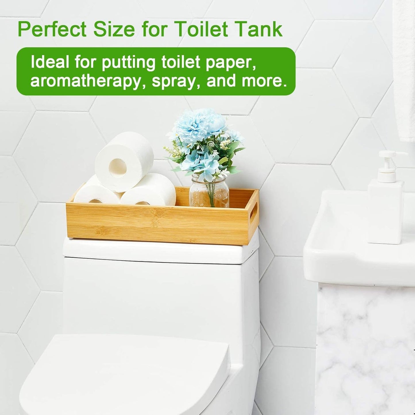 VITVITI Toilet Tray for Bathroom, Bamboo Toilets Paper Storage with Handles, Toilet Paper Tray Holder Organizer Basket for Top Tank/Kitchen Counter Natural,14.9x5.9 Inch