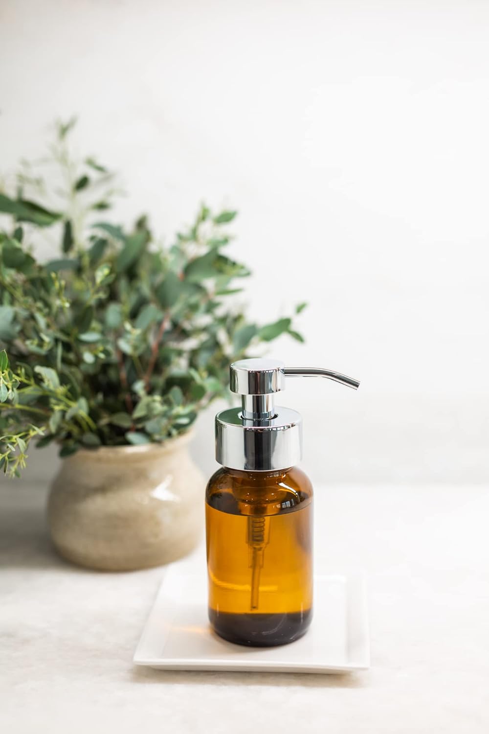 Rail19 Amber Glass Apothecary Foaming Soap Dispenser with Metal Pump - for Kitchen and Bathroom Countertop, 8.5oz (Polished Chrome)