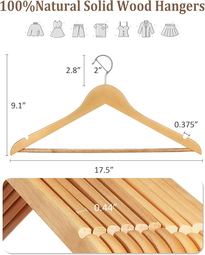 AMKUFO Wooden Hangers 20 Pack Wood Suit Hangers Non Slip Wooden Coat Hangers with Smooth Fnish Cut Notches 360° Swivel Hook Clothes Hangers for Jeans Pants Jackets Shirts Dresses, Natural