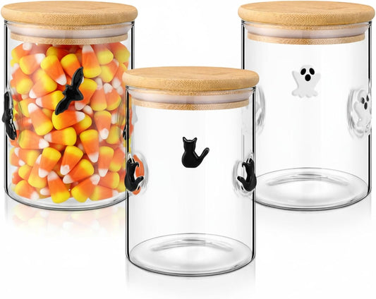 3 Pcs Halloween Icon Glass Storage Jars with Airtight Bamboo Lid Black White Ghost Bat Cat Icon Halloween Glass Jars Canister Sets for Winter Home Kitchen Countertop Decoration