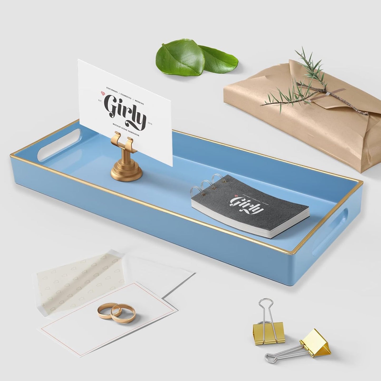 Blue Bathroom Vanity Tray for Countertop, Small Plastic Toilet Tank Versatile Storage & Organization Tray for Makeup, Perfume, Desk, Kitchen, Candles, 13.7"x6"x1.4", 35BL