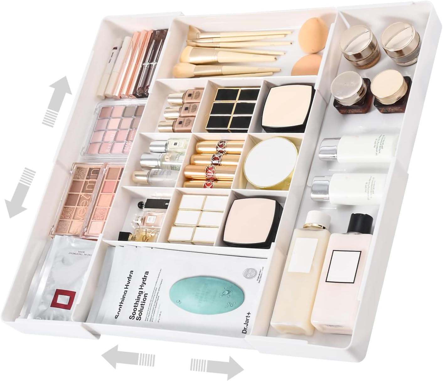 MIUOPUR Expandable Drawer Organizer, Width (10.6"-20.1") Depth (11"-20.1"), Plastic Makeup Drawer Organizer with 6 Removable Dividers, Silverware Organizer, Great for kitchen and Bathroom Drawers