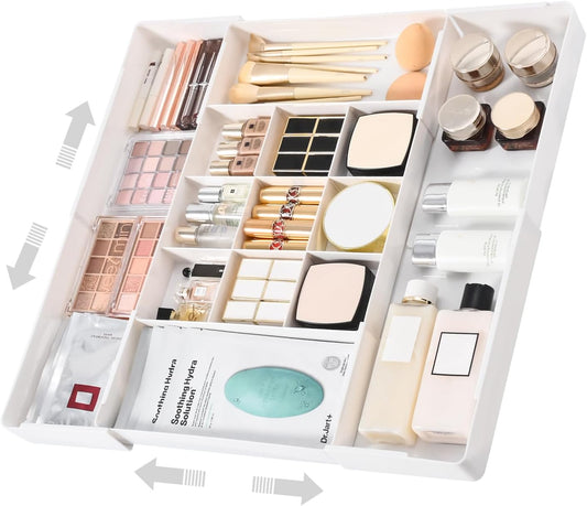 MIUOPUR Expandable Drawer Organizer, Width (10.6"-20.1") Depth (11"-20.1"), Plastic Makeup Drawer Organizer with 6 Removable Dividers, Silverware Organizer, Great for kitchen and Bathroom Drawers