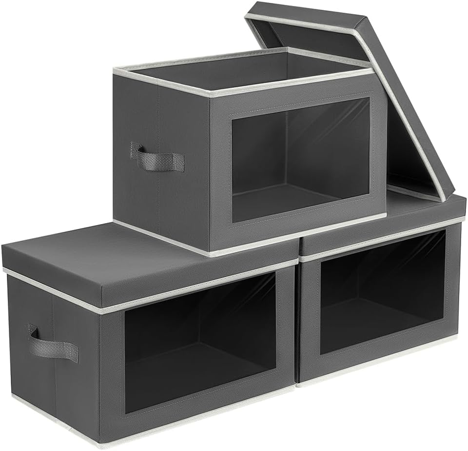 Storage Bins with Lids - Fabric Storage Boxes with Lids, Collapsible Storage Bins with Window, Decorative Closet Organizers and Storage for Clothes, Towels, Books, 3 Pack, Dark Grey