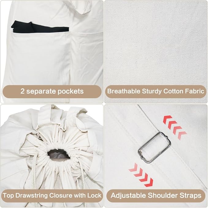 Pack of 2, 100% Breathable Cotton Canvas Laundry Backpack with Drawstring Closure, Laundry Bags with Shoulder Straps & 2 Handles, Washable in Machine & Dryer