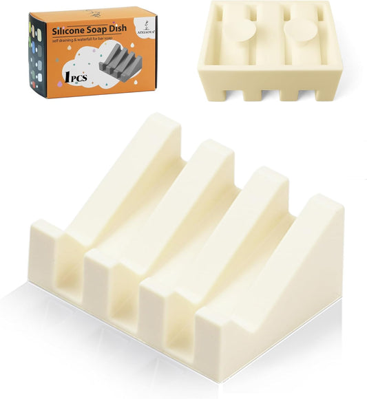 Silicone Soap Dish with Drain, Upgrade Double Suction Cups at The Bottom for Anti-Slip and Stability, Soap Dish Shower Waterfall Bar Soap Holder Tray with Drain Soap Holder (1, CreamWhite)