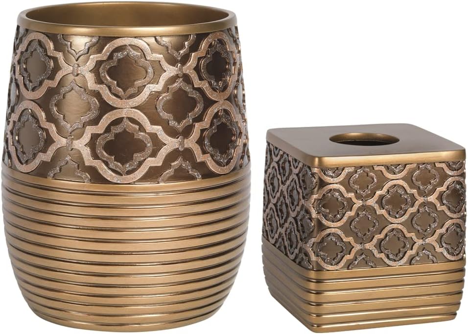 Zahari Home 2pc Spindle Modern Bath Accessories Set Waste Basket & Tissue Box Modern Classic Contemporary Decorative Beautiful Designs Bathroom Decor Set for Home Gold Complete Bathroom Sets