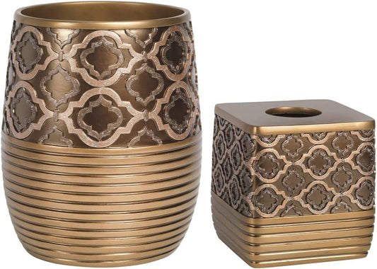 Zahari Home 2pc Spindle Modern Bath Accessories Set Waste Basket & Tissue Box Modern Classic Contemporary Decorative Beautiful Designs Bathroom Decor Set for Home Gold Complete Bathroom Sets