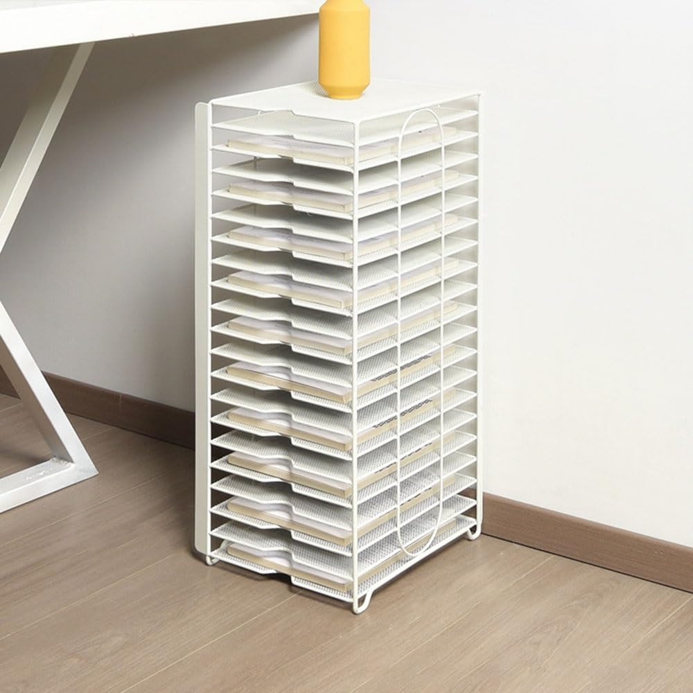 Metal File Stand, Under Desk Paper Organizer with 20 Shelves, Office Accessories and File Holder for Home Office or Study(White)
