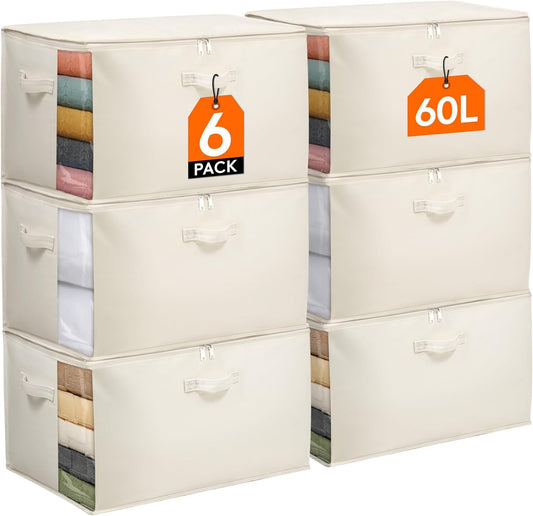 Lifewit Canvas Cotton Comforter Storage Bags with Zipper 6 Pack, 60L Breathable Foldable Clothing Containers, Linen Sweater Organizers Boxes for Clothes, Blankets, Pillows, Duvets, Bedding