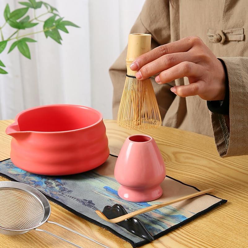 7pcs Complete Matcha Tea Set, Japanese Ceremonial Matcha with Whisk, Holder, Ceramic Bowl, Sifter, Scoop,red