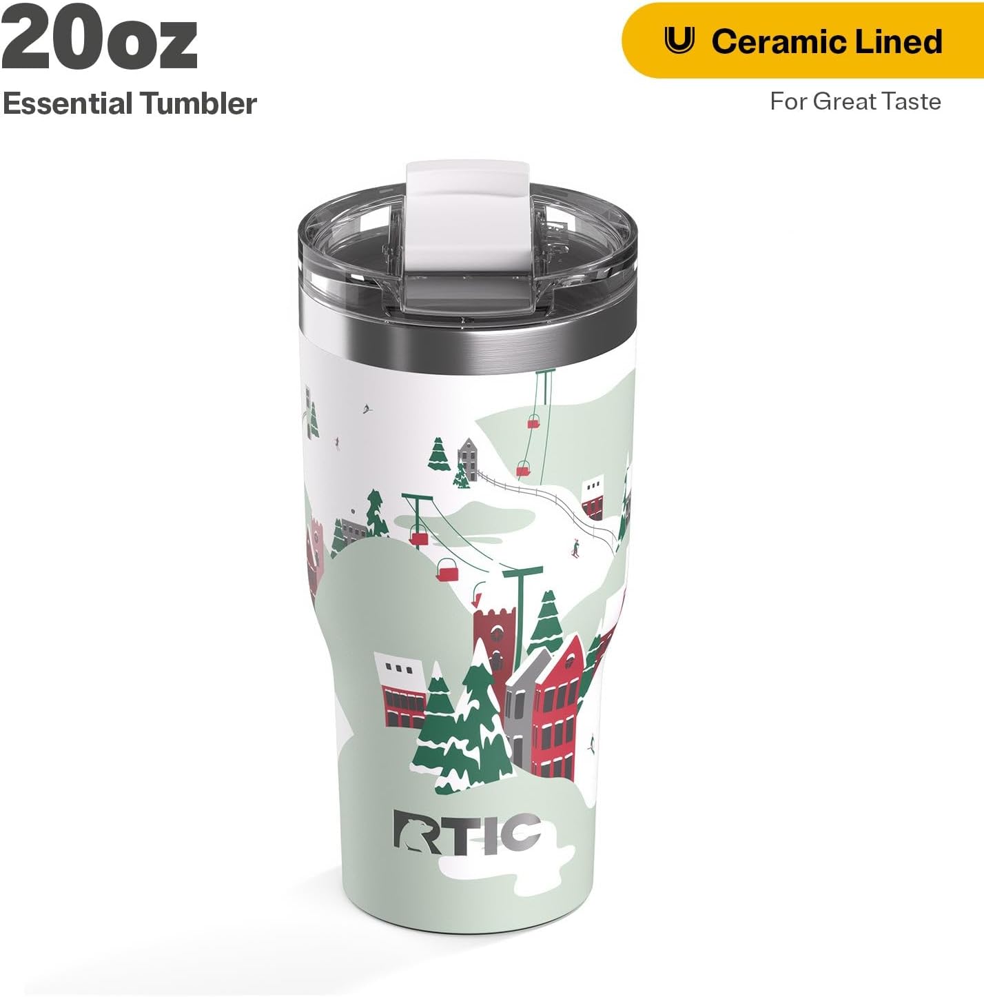 RTIC 20oz Essential Tumbler with Lid, Ceramic Lined, Insulated, Stainless Steel, Metal, Double Wall Vacuum-Insulation, Travel Cup for Iced Coffee, Tea, Hot and Cold Drink, Apres Ski