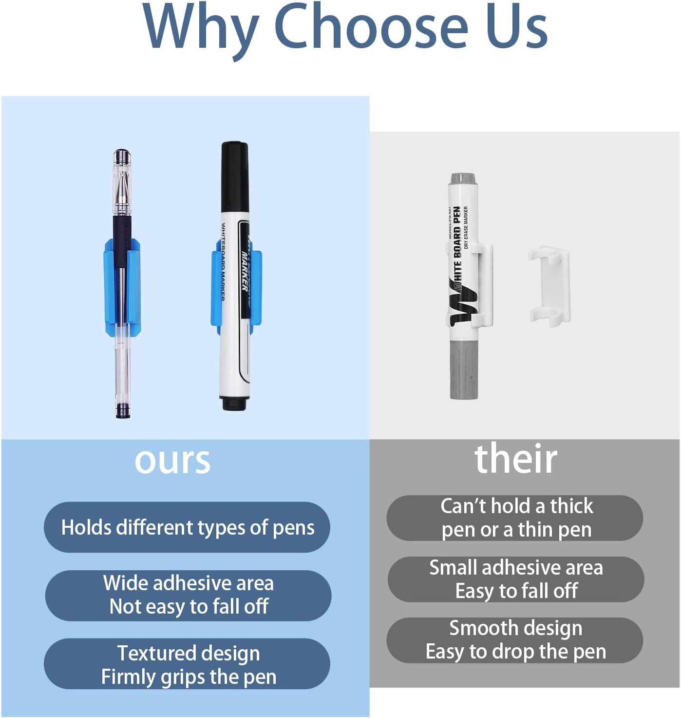 Pencil Holder for Desk Set of 20, Adhesive Pen Holder with 20 Extra Upgraded Stickers, Silicone Pen Holders & Marker Clip for Walls, Clipboards, Classroom, Office, Teacher Accessories Supplies (Blue)